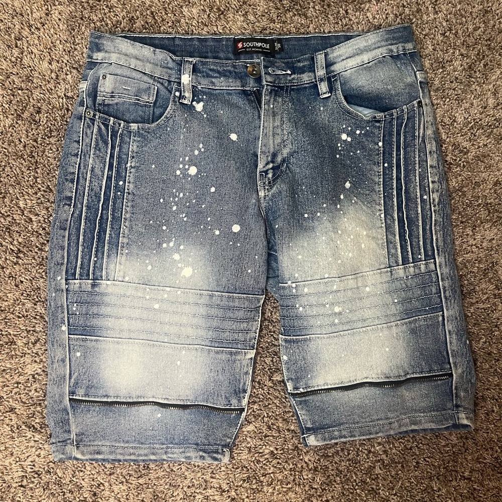 Southpole Mens Jean Shorts 30 Slim Faded Wash Denim Hip Hop Y2K‎ Zipper Trim